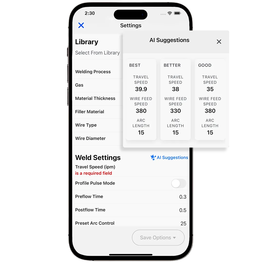Beacon weld settings with AI Suggestions