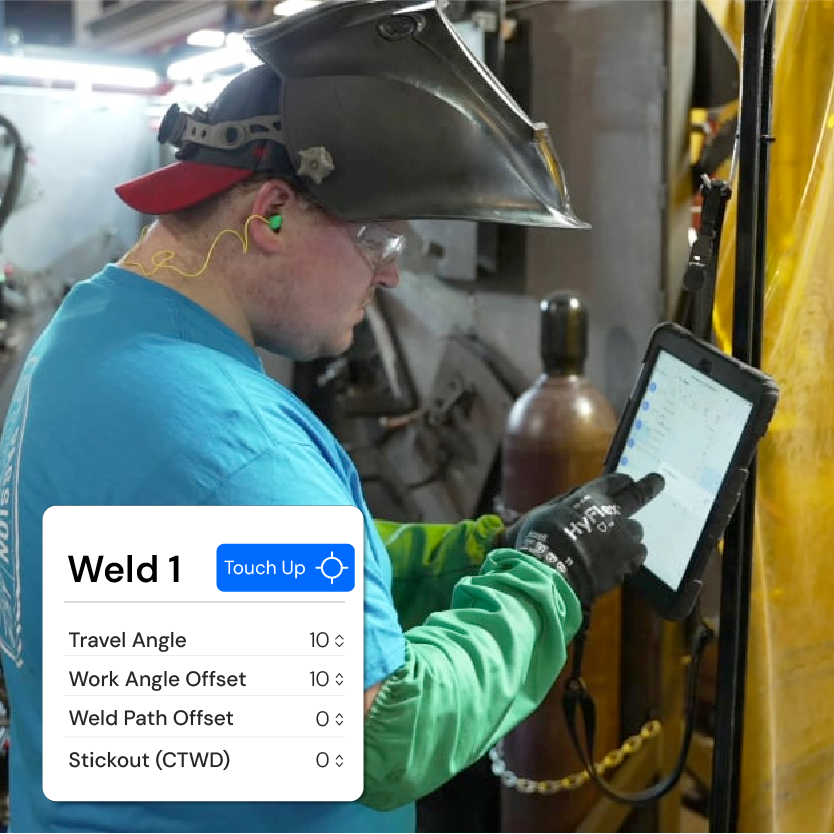 Metal fabrication welder using Fine Tune to perfectly edit weld settings and points via the Beacon App, with an overlay of the settings that can be changed including travel angle, work angle offset, weld path offset, and stickout (ctwd)