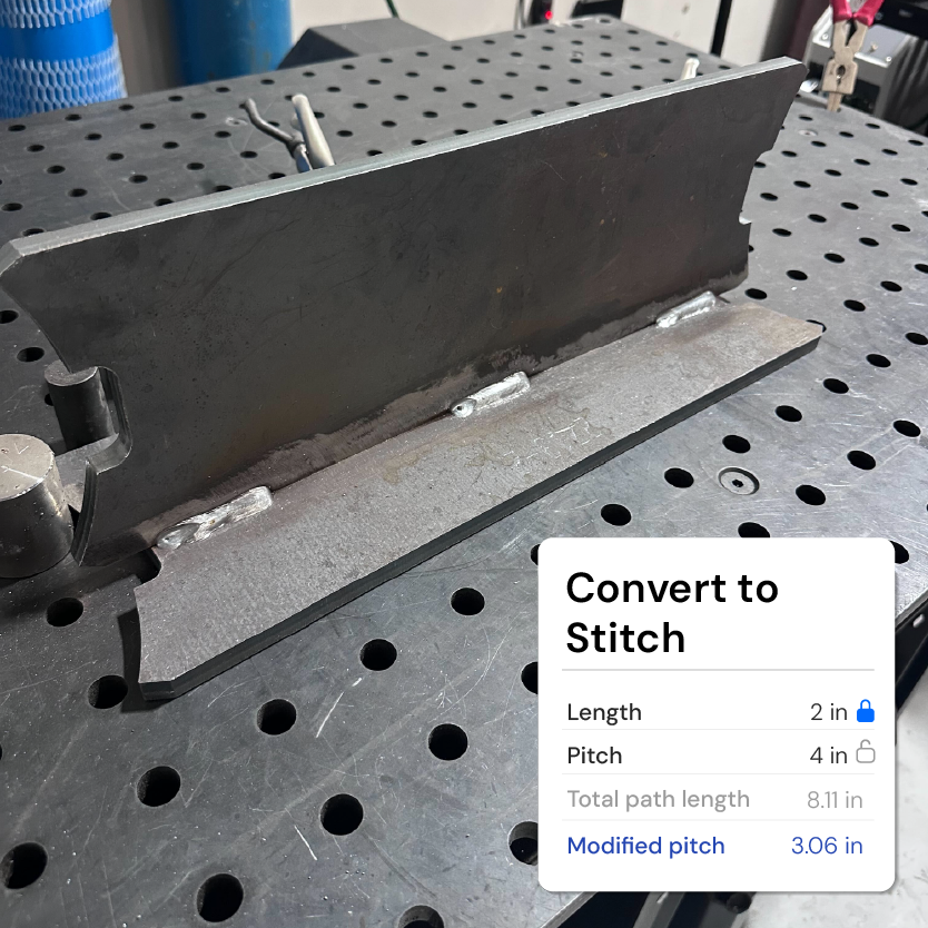 Metal fabrication welder using Fine Tune to perfectly edit weld settings and points via the Beacon App, with an overlay of the settings that can be changed including travel angle, work angle offset, weld path offset, and stickout (ctwd)